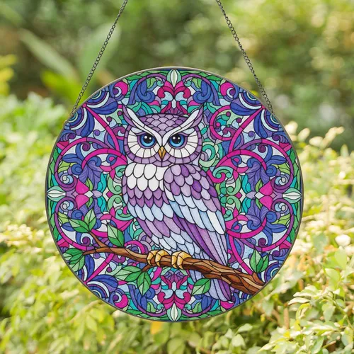 Owl Perched Branch Botanical Floral Petals Leaves - Home Decor Garden Gift for Wildlife Lover Stained Glass Suncatcher