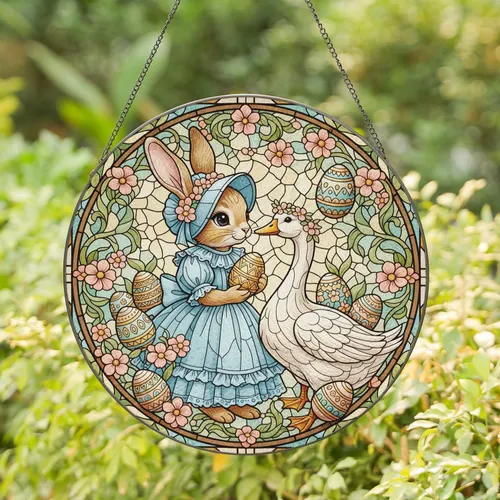 Luminous Stained Glass Rabbit Goose Easter Eggs Floral Mosaic - Easter Decor Gift Stained Glass Suncatcher