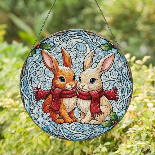 Snuggled Bunnies Winter Holly Snow - Christmas Home Decor Gift for Rabbit Lover Stained Glass Suncatcher