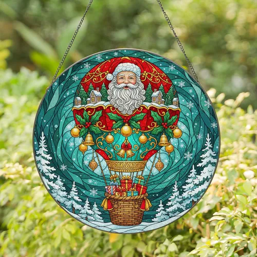 Santa Claus Hot Air Balloon Winter Wonderland - Christmas Decor Holiday Gift Stained Glass Suncatcher