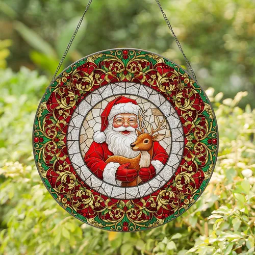 Jolly Santa Claus Reindeer Ruby Berries Emerald Leaves - Christmas Home Decor Gift Stained Glass Suncatcher