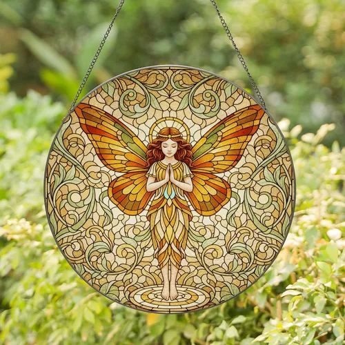 Fairy Angel Butterfly Wings Golden Floral - Home Decor Gift Stained Glass Suncatcher