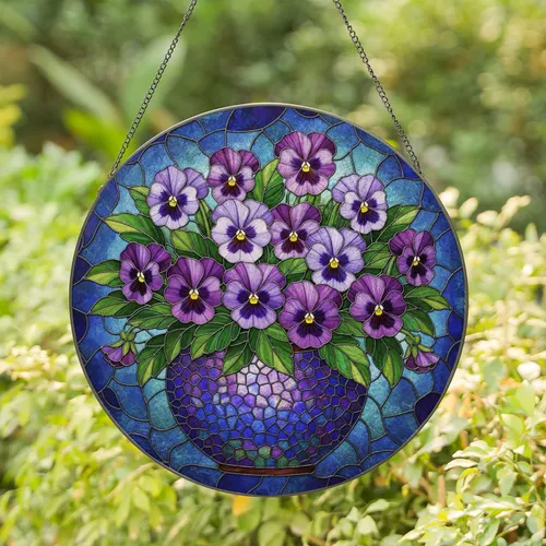 Deep Purple Pansy Flowers Mosaic Pot Green Leaves - Home Decor Gift for Garden Lover Stained Glass Suncatcher