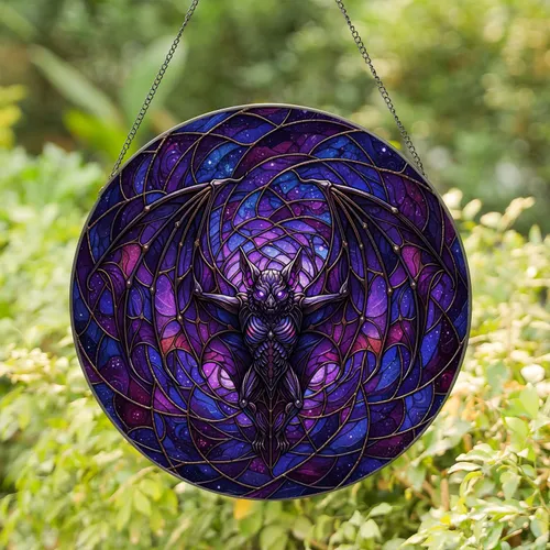 Gothic Bat Skeletal Structure Spread Wings Glowing Eyes - Gothic Decor Gift for Gothic Bat Lover Stained Glass Suncatcher