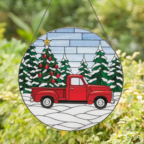 Vintage Red Pickup Truck Christmas Tree Snowy Evergreen Forest - Holiday Home Decor Gift Stained Glass Suncatcher