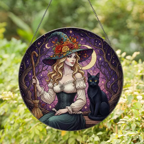 Regal Witch Black Cat Autumn Flowers Crescent Moon - Home Decor Gift Stained Glass Suncatcher