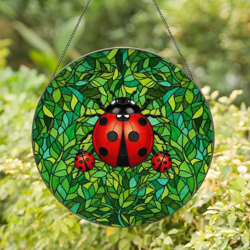 Three Red Ladybugs Green Leaves Home Window Decor Gift for Garden Lover Stained Glass Suncatcher