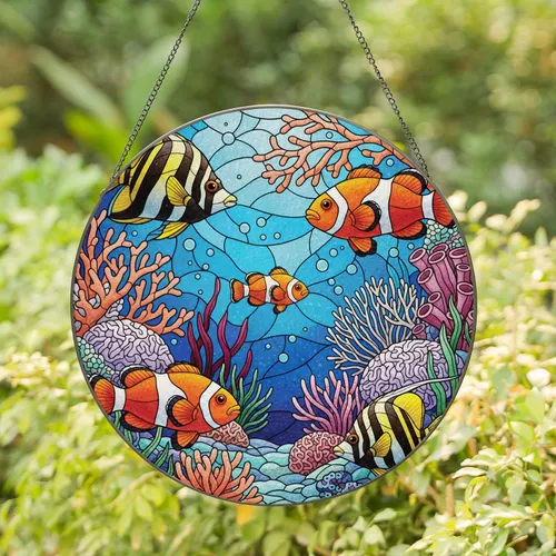 Clownfish Angelfish Coral Reef Underwater Scene - Wildlife Home Decor Gift Stained Glass Suncatcher