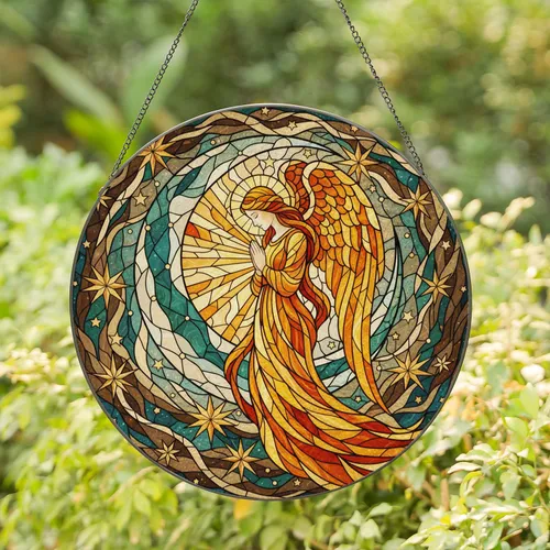 Praying Angel Crescent Moon Celestial - Spiritual Home Decor Gift for Prayer Lover Stained Glass Suncatcher