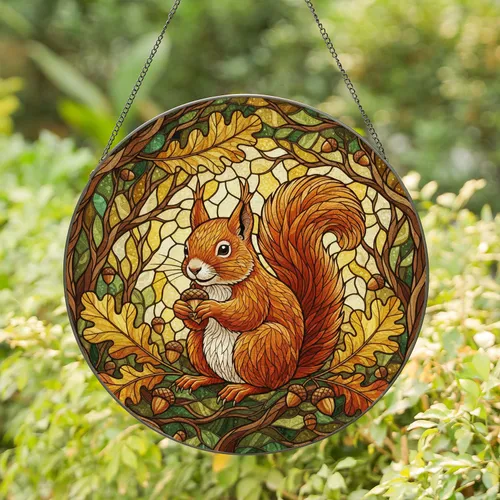 Red Squirrel Acorn Oak Leaves Forest Foliage - Wildlife Lover Nature Home Decor Gift Stained Glass Suncatcher