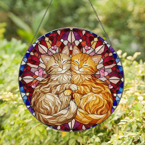 Fluffy Light Brown & Orange Tabby Kittens Embracing Pink Hearts - Home Decor Gift for Cat Lover Stained Glass Suncatcher