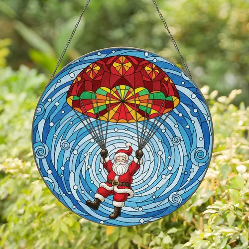 Santa Claus Parachute Winter Sky Snow - Christmas Holiday Home Decor Gift Stained Glass Suncatcher