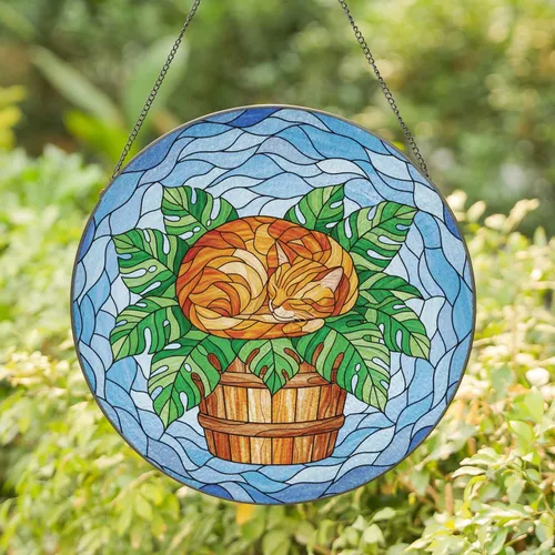 Curled Sleeping Ginger Tabby Cat Amidst Tropical Leaves - Home Decor for Cat Lovers Stained Glass Suncatcher