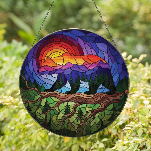 Grizzly Bear Sunset Mountain Pine Forest Twilight Sky - Wildlife Lover Gift Stained Glass Suncatcher