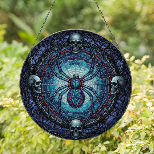 Large Spider Menacing Skulls Gothic Thorny Vines Web - Home Decor Gift for Spider Lovers Stained Glass Suncatcher