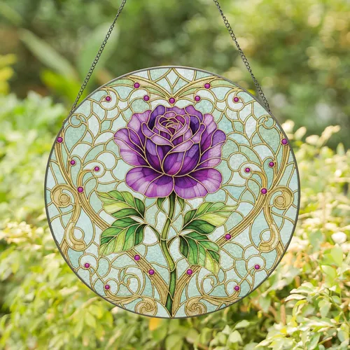 Purple Rose Gold Filigree Heart Home Decor Gift for Rose Lover Stained Glass Suncatcher
