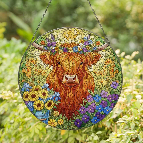 Highland Cow Wildflower Meadow - Farmhouse Home Decor Gift for Countryside Home Stained Glass Suncatcher