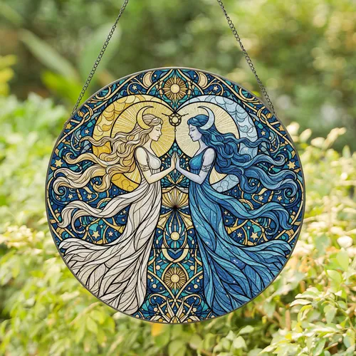 Ethereal Sun Moon Figures Unity Crescents - Home Decor Gift for Celestial Lovers Stained Glass Suncatcher