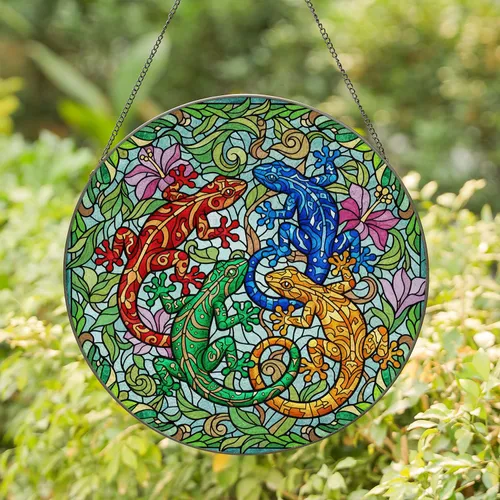 Geckos Lizards Tropical Foliage Blossoms - Home Decor Gift for Wildlife Lover Stained Glass Suncatcher