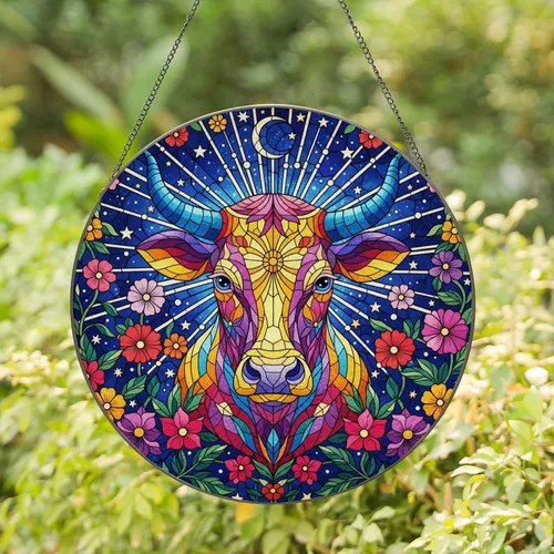 Vibrant Multicolored Cow Head Floral Stars - Farmhouse Home Decor Gift for Cow Lover Stained Glass Suncatcher