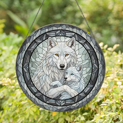White Wolves Loving Embrace Rock Mosaic - Home Decor Gift for Wildlife Lovers Stained Glass Suncatcher