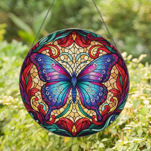 Deep Blue Magenta Butterfly Floral Mosaic - Celestial Garden Window Decor Gift Stained Glass Suncatcher