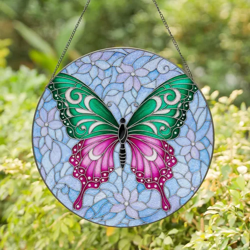 Emerald Fuchsia Butterfly Flower Tendril - Window Accent Home Decor Gift for Wildlife Lover Stained Glass Suncatcher