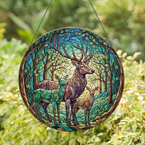 Stag Fawns Woodland Forest Dappled Light - Home Decor Gift for Wildlife Lovers Stained Glass Suncatcher