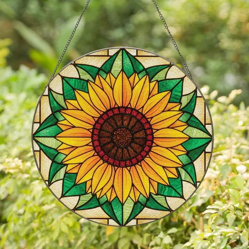 Mosaic Full Bloom Sunflower with Green Leaves - Home Decor Gift for Garden Lover Stained Glass Suncatcher