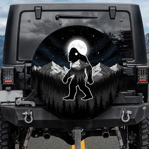 Bigfoot Silhouette Pine Tree Mountain Moon Starry Night - Outdoor Adventure Gift Spare Tire Cover