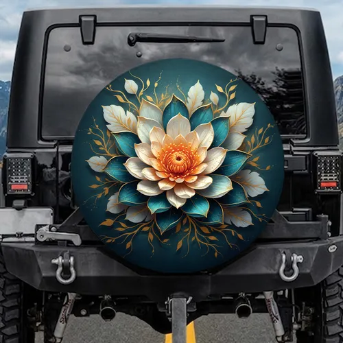 Realistic Creamy White Teal Blue Flower Orange Gold Stamen Gold Flecks - Vehicle Decor Gift Spare Tire Cover