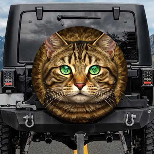 Tabby Cat Portrait Emerald Dollar Eyes - Cat Lover Gift Spare Tire Cover