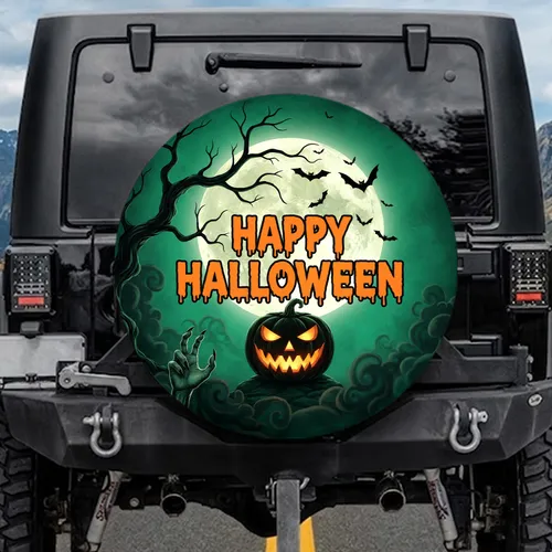 Happy Halloween Moon Bats Jack-O'-Lantern Zombie Hand - Halloween Decor Spare Tire Cover
