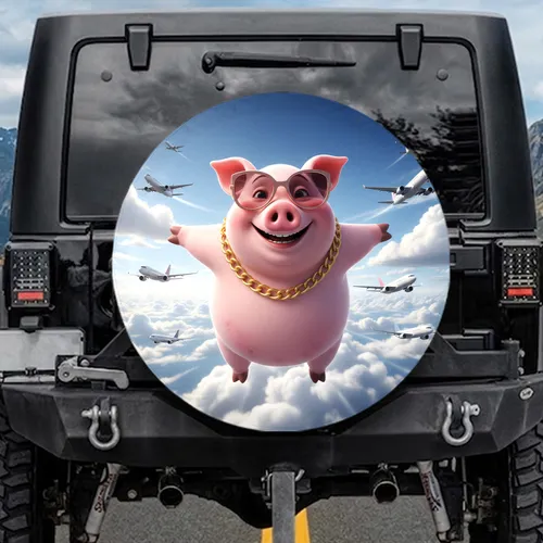 Pink Pig Flying Airplanes Clouds - Travel Lover Adventure Gift for Kids Spare Tire Cover