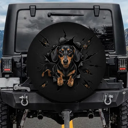 Realistic Black Tan Dachshund Dog Emerges From Tear - Pet Owner Gift Spare Tire Cover
