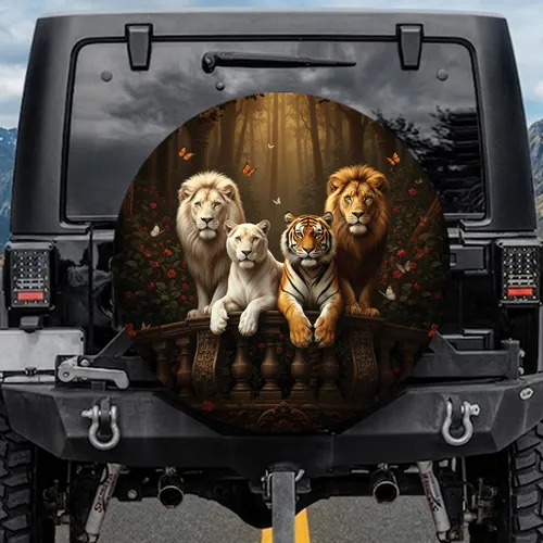 Pride Lions Regal Tiger Stone Balustrade Dark Forest - Wildlife Lover Gift Spare Tire Cover