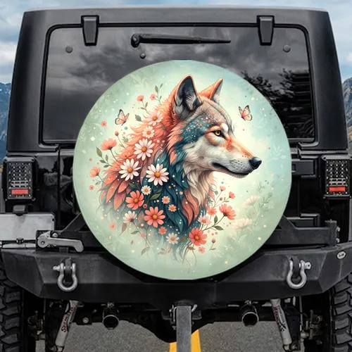 Majestic Wolf Pink Coral Flowers Teal Fur Butterflies Sage Sky - Wildlife Lover Gift Spare Tire Cover