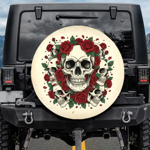 Human Skull Red Roses Floral – Occult Home Decor Gift Spare Tire Cover