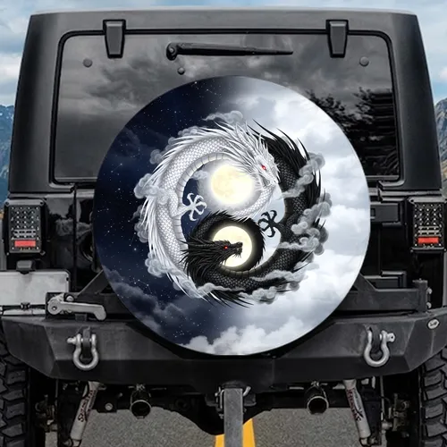 White Dragon Black Dragon Yin Yang Moon - Fantasy Lover Gift Spare Tire Cover