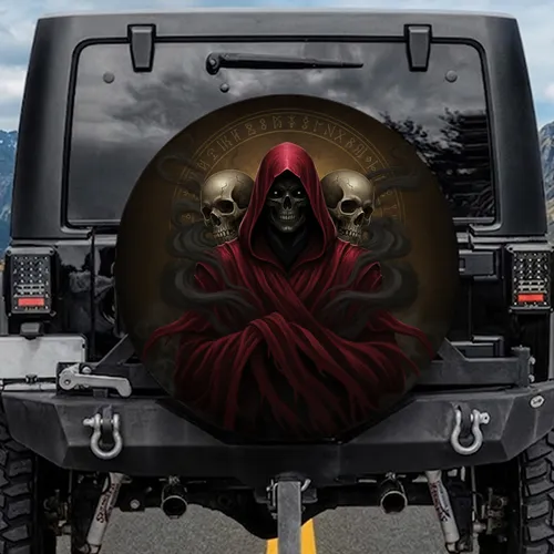 Crimson Cloaked Skull Figure Ancient Skulls - Gothic Home Decor Gift Spare Tire Cover