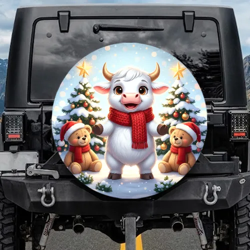 Fluffy White Baby Bull Teddy Bear Christmas - Winter Wonderland Holiday Decor Spare Tire Cover