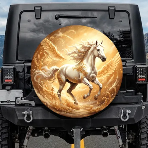White Horse Golden Filigree - Equestrian Vehicle Decor Gift Spare Tire Cover