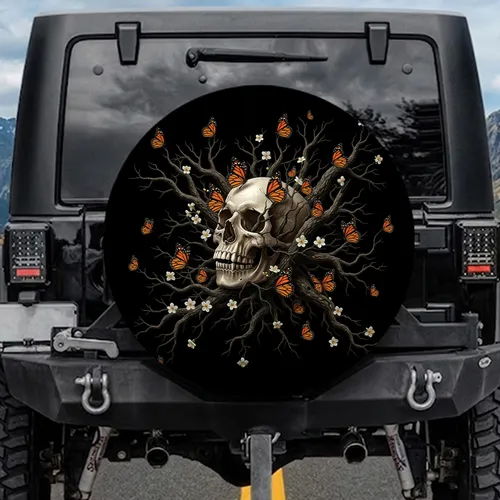 Human Skull Gnarly Branches Monarch Butterflies Blossoms - Unique Home Decor Gift Spare Tire Cover