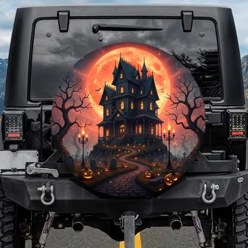 Haunted Gothic Mansion Jack-o'-lanterns Full Moon - Halloween Party Decor Spare Tire Cover