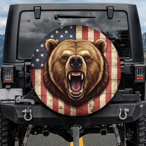 Roaring Grizzly Bear American Flag - Independence Day Gift for Wildlife Lover Spare Tire Cover
