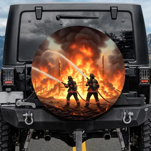 Firefighters Battling Inferno Landscape - First Responders Tribute Gift Spare Tire Cover