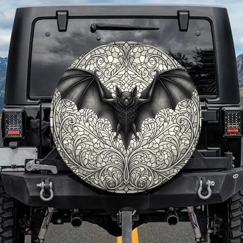 Majestic Bat Stained Glass Mosaic Botanicals - Gothic Home Decor Gift Spare Tire Cover