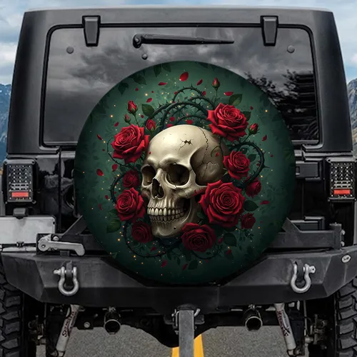 Weathered Human Skull Red Roses Thorny Vines Foliage - Fantasy Lover Gift Spare Tire Cover
