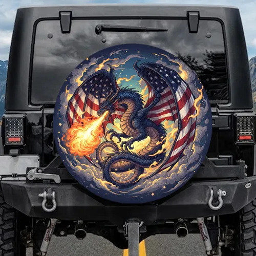 Majestic Dragon American Flag Fire - Independence Day Gift for Veterans Spare Tire Cover