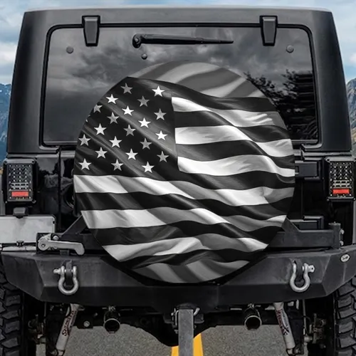 Billowing American Flag Grayscale - Independence Day Gift for Veterans Spare Tire Cover